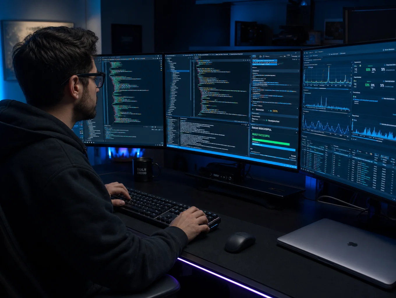 Software developer working at multi-monitor technical workstation