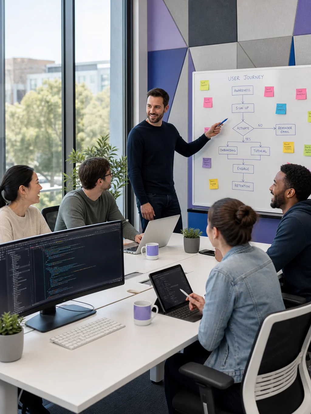 Software Harbor development team collaborating around monitors and code architecture