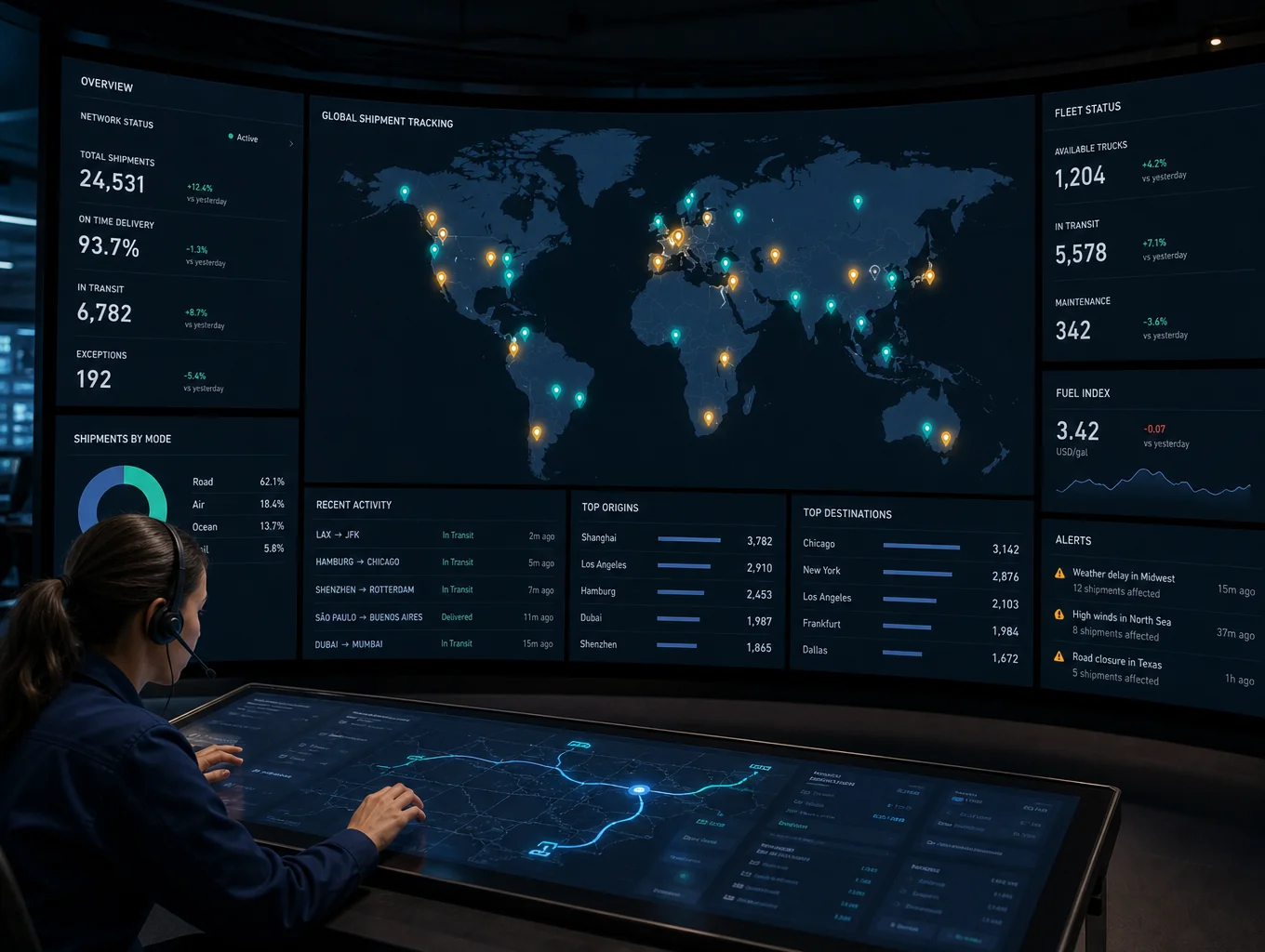 Interface mockup of real-time logistics and dispatch software dashboard