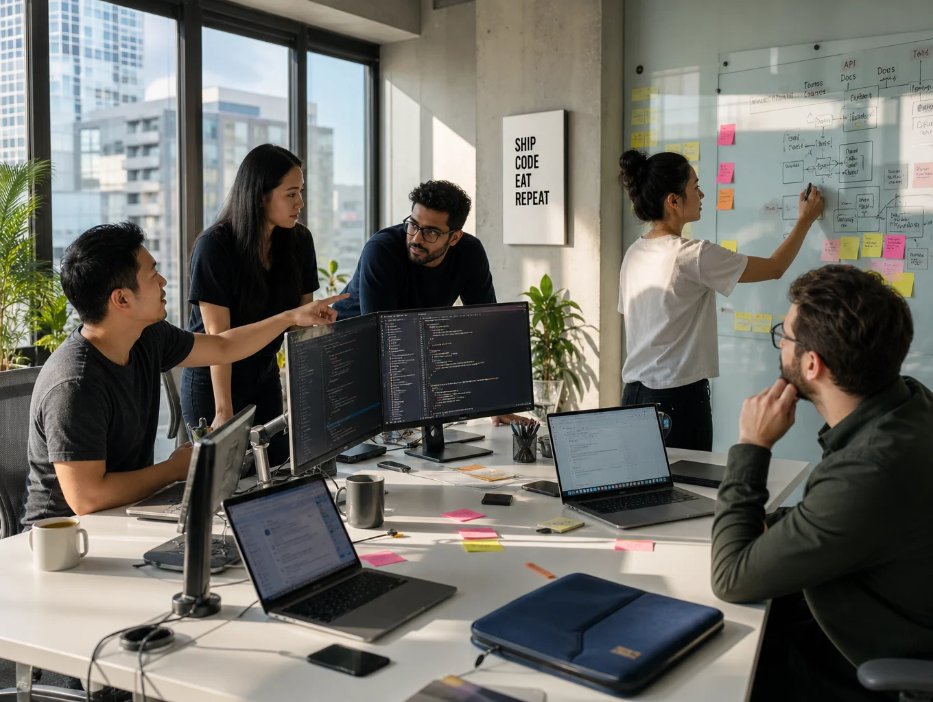 Technical software team collaborating in an engineering office