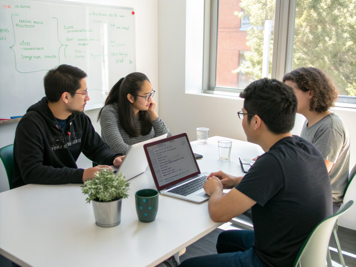 Software Harbor engineering team collaborating around architecture diagrams in a modern workspace